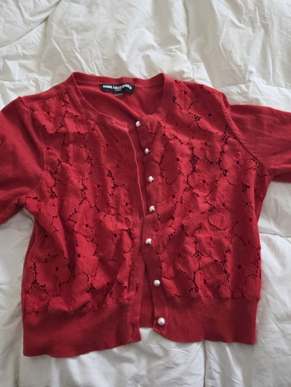 VTG Red Lace Pearl Button Women's Cardigan 3/4 Sleeve Size M